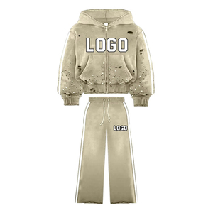 Traje de dos piezas transpirable 100% algodón polar Jogging Suit cremallera completa Sudadera con capucha Flare Pantalón cómodo chándal de moda - Product Image 3