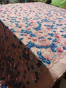 Tela de Encaje Floral Multicolor, Tul Tejido Liso, Diseño de Flores de Ciruelo Frescas de Verano, Bordado a Mano con Cuentas - Product Image 2