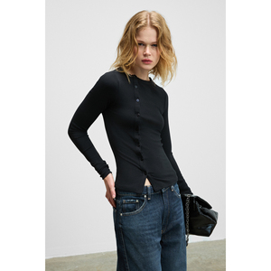 GRIMELANGE SOMBRA Blusa elástica ajustada con botones funcionales y cuello redondo para mujer - Product Image 2