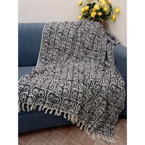 Manta de sofá de algodón suave de primera calidad de lujo, borlas, bloque estampado a mano, respetuoso con el medio ambiente, transpirable, decoración de habitación para todas las estaciones - Product Image 3
