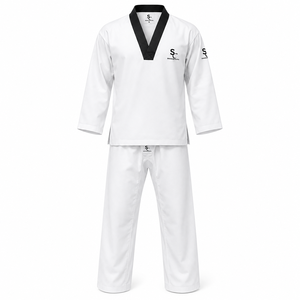 Dobok de Taekwondo Blanco con Logotipo Personalizado, Cuello en V Negro, Ligero, Duradero, Transpirable, de Algodón y Poliéster, Uniforme TKD Unisex para Adultos, OEM - Product Image 1