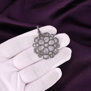 Colgante de Flor Octogonal para Mujer, Plata de Ley 925, Bañado en Rodio Negro, Pavé de Diamantes Naturales, Estilo Vintage, Tamaño 35MM - Product Image 2