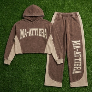 Conjunto de Sudadera Corta y Pantalones Jogger de Pierna Ancha para Mujer, Estilo Acid Wash Marrón, de Algodón y Felpa, Ropa Deportiva Urbana, Venta al Por Mayor OEM - Product Image 5