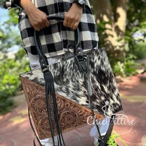 Sac fourre-tout en fourrure de vachette motif occidental sac à main en cuir élégant cheveux sur peau sculpture sacs usinés à la main pour femmes multi-usages - Product Image 1