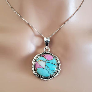 Collar de Turquesa Mohave Redonda de Algodón de Azúcar, Colgante de Turquesa de Plata de Ley, Joyería de Piedra Mohave Azul y Rosa, Regalo para Ella - Product Image 1