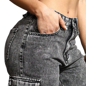 Jean cargo décontracté pour femme, taille mi-haute, coupe régulière, en denim délavé, 100% coton, respirant, séchage rapide, style streetwear uni - Product Image 5