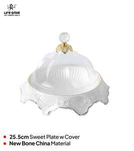 Plato para Postres LIFE SMILE BRKH-64-5 de Porcelana Fina con Tapa de Cristal Transparente, Diseño Floral y Base con Borde Dorado - Product Image 2