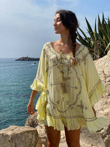 High Fashion Embroidered <b>Dresses</b> <b>Long</b> Flare <b>Sleeve</b> Designer Custom Embroidery Boho <b>Bridesmaid</b> Short Boho <b>Dress</b> - Product Image 4