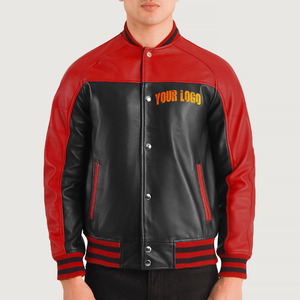 New Arrival Custom Made Organic Cow Leather <b>Varsity</b> <b>Jacket</b> Best Quality Durable <b>Red</b> & <b>Black</b> Leather Heavyweight Varsiti <b>Jacket</b> - Product Image 1