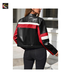 Femmes Moto Biker Vestes Faux Cuir Bomber Veste En Gros Couleur Bloc Racing Manteaux - Product Image 2