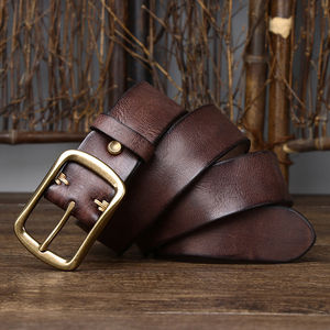 Ceinture vintage tendance cuir de vachette ceintures formelles pour hommes véritable boucle en alliage plissé motif solide pour jean - Product Image 3