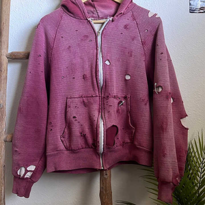 Coton antique blanc le sweat à capuche effet trou lourd fermeture éclair en détresse pantalons de survêtement et ensemble de sweat à capuche anti-rétrécissement lavé hommes - Product Image 5