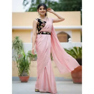 Sari Ligero de Satén con Lentejuelas Bordadas, Estilo Vintage, Recto, Largo hasta el Suelo, para Fiestas y Bodas, para Mujer - Product Image 2