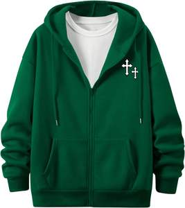 Sweat à capuche zippé à manches longues avec cordon de serrage pour homme Sweat-shirt d'hiver brodé à imprimé croisé avec poches en polyester/coton - Product Image 1