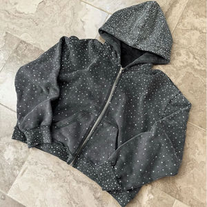 Sweat à capuche zippé oversize pour homme personnalisable, coupe ample, longueur longue, délavé à l'acide, avec strass, pour homme 2025 - Product Image 2