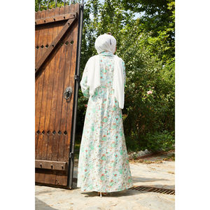 Robe à motif floral vert avec liens latéraux, taille empire élastique, respirante, col mandarin vintage, dos nu, pour le printemps et l'automne - Product Image 4