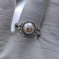 Bague de promesse en argent sterling 925 plaqué rhodium, sertie d'une perle d'eau douce pêche, faite à la main, pour mariage et soirée