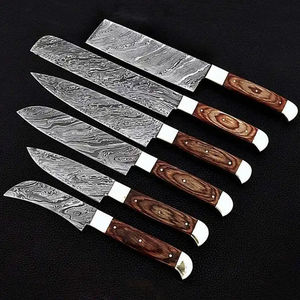 Ensemble de couteaux de chef Burraq Professional, personnalisés, faits à la main, en acier carbone et acier Damas, 6 pièces, manche en bois, ambidextre, écologique, passe au lave-vaisselle - Product Image 3