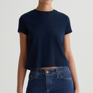 OEM Vintage Crop Crewneck T-Shirt Cotton Material Blend Rib Knit Fabric Short Sleeve Everyday Top Anti-Pilling t Shirt Femmes - Product Image 1