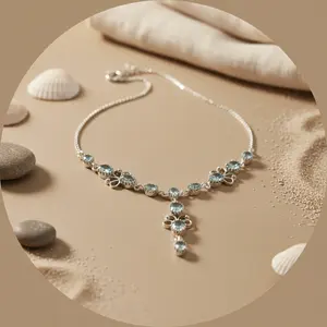 Collier en topaze bleue pour femme, argent 925, or 14 carats, or rose - Motif géométrique, bijoux en pierres précieuses, rhodium, taille princesse, cadeau parfait - Product Image 2