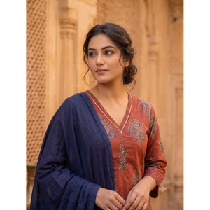Conjunto de Pantalones Palazzo de Algodón Color Granate Rama's High Street para Mujer, con Dupatta, Blusa Estampada de Manga Larga, Transpirable, Corte Regular para Verano, MP-1888-A - Product Image 3