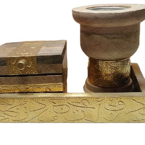 Arabic <b>Wood</b> & Brass Incense Mubkhar Madkhan <b>Burner</b> Tray & Box Set <b>for</b> Giveaways by United Trade World - Product Image 1