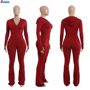 Nuevo Conjunto Deportivo Rojo para Mujer Talla Grande, Sudadera con Capucha y Cremallera Personalizable, Pantalones Acampanados, Estilo Hip Hop - Product Image 6