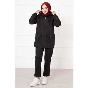 Conjunto de Dos Piezas Acolchado con Capucha Negra, Ropa Deportiva Informal con Patrón Sólido para Invierno y Otoño, Top Largo y Ajustado y Pantalones Cortos - Product Image 3