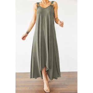 Robe longue en viscose asymétrique à bretelles et col en V pour femme avec détail anneau, 37011 - Kaki - Product Image 1