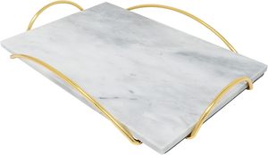 Bandeja decorativa de mármol blanco con mango chapado en oro, exportador al por mayor, fabricante de bandejas de mármol para servir - Product Image 2