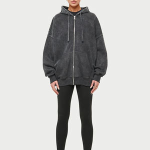 Sweat à capuche streetwear épais 500 g/m² délavé à l'acide pour femme, coupe oversize, grande taille, avec fermeture éclair sur le devant, style sport d'hiver, tricoté - Product Image 4