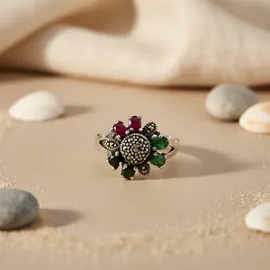 Bague pendentif fleur en argent 925 avec pierre précieuse pour femme - Option cadeau - Product Image 2