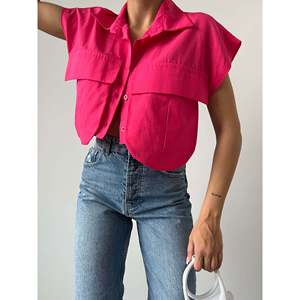 Blusa Casual de Mezcla de Algodón con Detalle de Bolsillo Color Fucsia para Mujer, Marca Mybeefashion, para Uso Diario y Moda de Primavera/Verano - Product Image 1