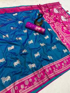 Sari Paithani de Seda Suave, el Más Vendido al por Mayor, con Motivos de Vaca Nandi, Pallu Tejido Enriquecido, Borde de Loto en Contraste, Sari para Bodas - Product Image 4