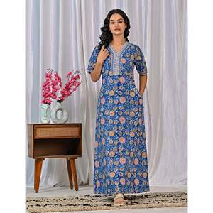 Vestido de Dormir 100% Algodón con Estampado Jaal Hecho a Mano, Camisón Suave Tejido con Diseño Floral y Cierre de Botones, Talla 3XL para Damas de Honor - Product Image 5