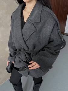 Elegant Gray Brushed <b>coat</b> fabric <b>Wool</b> Blend Trench <b>Coat</b> <b>With</b> <b>Belt</b> Full Sleeve Notched Collar Midi Length Winter Wear - Product Image 6