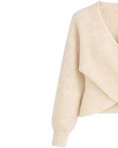 Manufacturer Customized Women <b>White</b> Ribbed Knit Wrap Sweater <b>Long</b> <b>Sleeve</b> V Neck Cross Front Casual Elegant Winter Fashion <b>Top</b> - Product Image 3