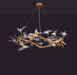 Lampadario a Forma <span class=keywords><strong>di</strong></span> <span class=keywords><strong>Rondine</strong></span> su Ramo <span class=keywords><strong>di</strong></span> Rame per Soggiorno, Hotel, Villa, Sala da Pranzo, Camera da Letto, Lampadario Artistico in Vetro - Product Image 2