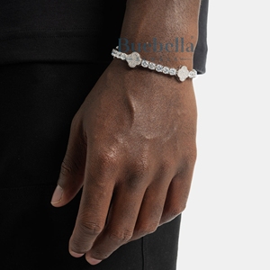 Hip Hop Men's 12mm White Gold Plated <b>Sterling</b> <b>Silver</b> Moissanite Tennis <b>Bracelet</b> Fine Chain Clover Leaf Style Bangles - Product Image 1