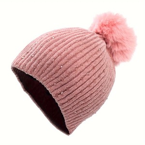 Chapeau d'hiver pour femmes, mode, pompons, chapeau à perles, strass, tricot en laine, bonnet décontracté, chaud, pour l'extérieur, chapeaux pour femmes - Product Image 4