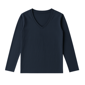 T-shirt à manches longues pour femme, bleu marine, col en V, 100% coton biologique de luxe, pré-rétréci, certifié GOTS, coupe classique, doux et premium - Product Image 1