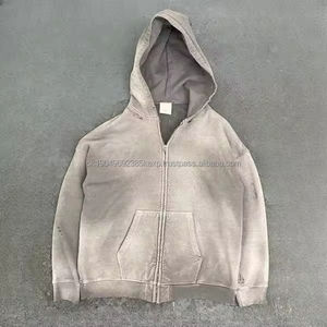 Veste à capuche zippée personnalisée sweats en coton éponge française vierge fermeture éclair complète Vintage lavage à l'acide sweats à capuche en détresse pour hommes - Product Image 4
