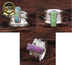 Bague de fiançailles vintage en argent sterling 925 avec pierre précieuse tournante en turquoise huître pour les mariages et les fêtes unisexes, gravée à la main - Product Image 3