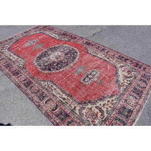 Tapis en laine turque vintage de 5.5x9,9 pieds Patchwork rouge et bleu tissage plat pour décorations de salon soutenu en Latex - Product Image 4