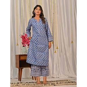 Blue <b>Block</b> <b>Printed</b> Anarkali Kurta Pant Set Indian Ethnic Style Cotton Net Fabric Embroidery Party Wear for Special Occasions - Product Image 2