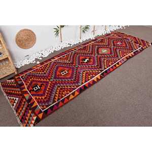 Vintage Turkish Herki <b>Rug</b> 3.2x9.9 ft, Orange <b>Runner</b> Check Wool <b>Rug</b> - Product Image 4