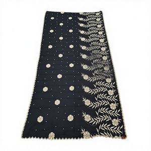 Foulard Hijab en Chiffon Brodé de Fleurs Africaines avec Strass Dorés – Écharpe Traditionnelle Élégante Aso Ebi pour Femme, Idéale pour Tenues de Fête - Product Image 4