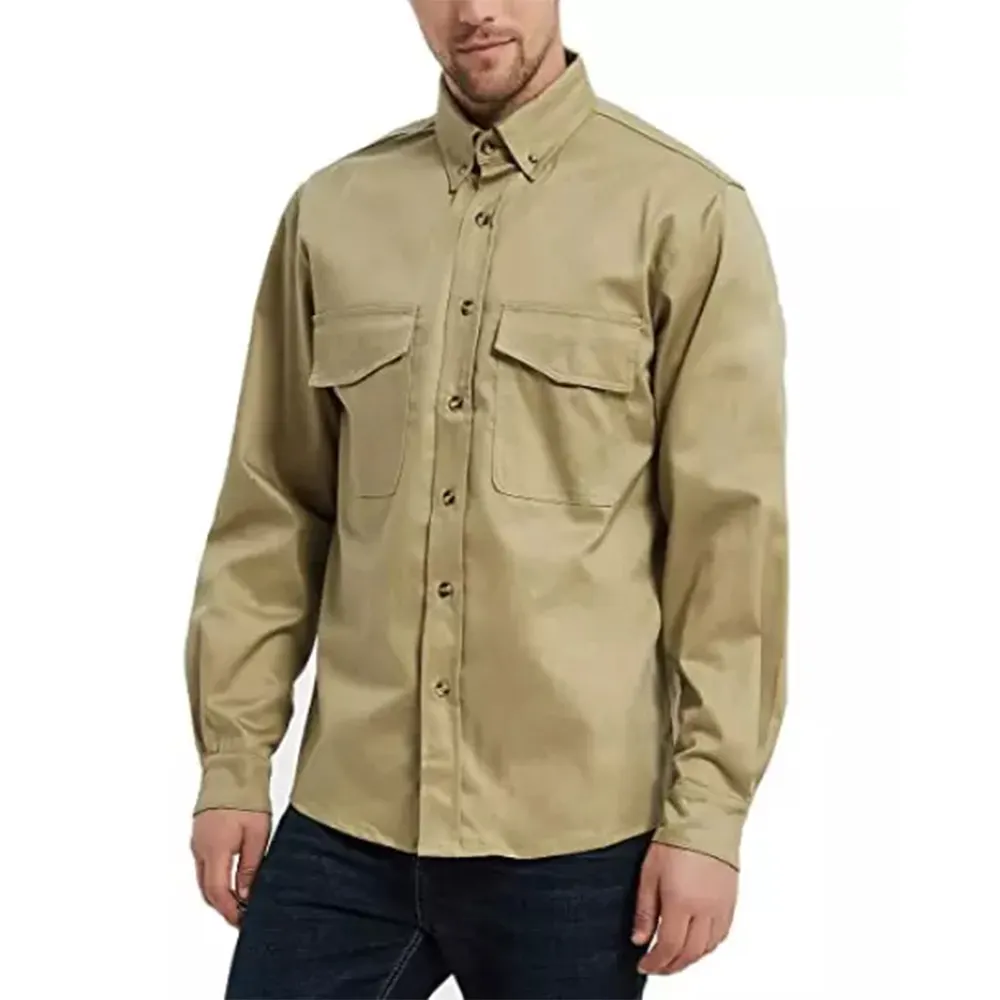 Camisa masculina com logotipo personalizado, camisa de botão resistente a chama para baixo, camisa uniforme de solda de manga longa para trabalho de óleo para homens