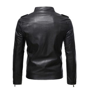 Veste en cuir à manches longues décontractée pour hommes d'affaires avec col à capuche, fermeture à glissière diagonale de couleur unie en tissu pour hommes - Product Image 3