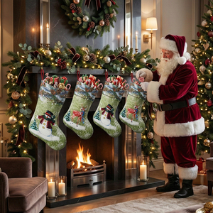 43 cm Green Christmas Stocking with Embroidered Design Printed Pattern <b>Winter</b> Fur for Merry Christmas - Product Image 4